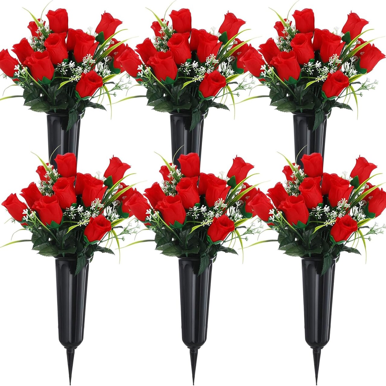 Artificial Cemetery & Memorial Flowers with Grave Vase – Red Silk Rose Gravesite Bouquet, Spring Memorial Day Headstone Decoration with Spiked Vase (6 Sets, 84 Flower Heads)